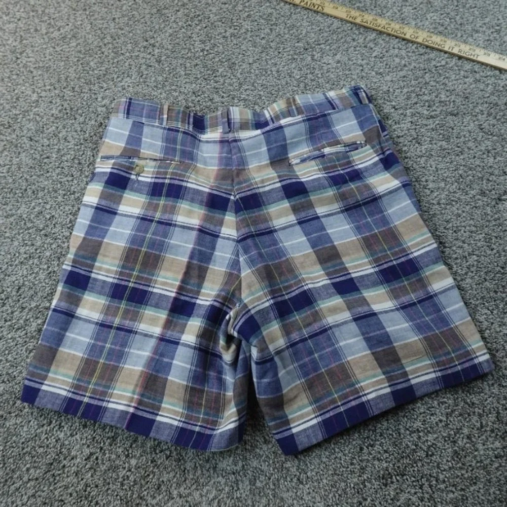 VTG Indian Madras Shorts Mens 36 Blue Plaid Chambray Flat‎ Front Preppy Golf USA